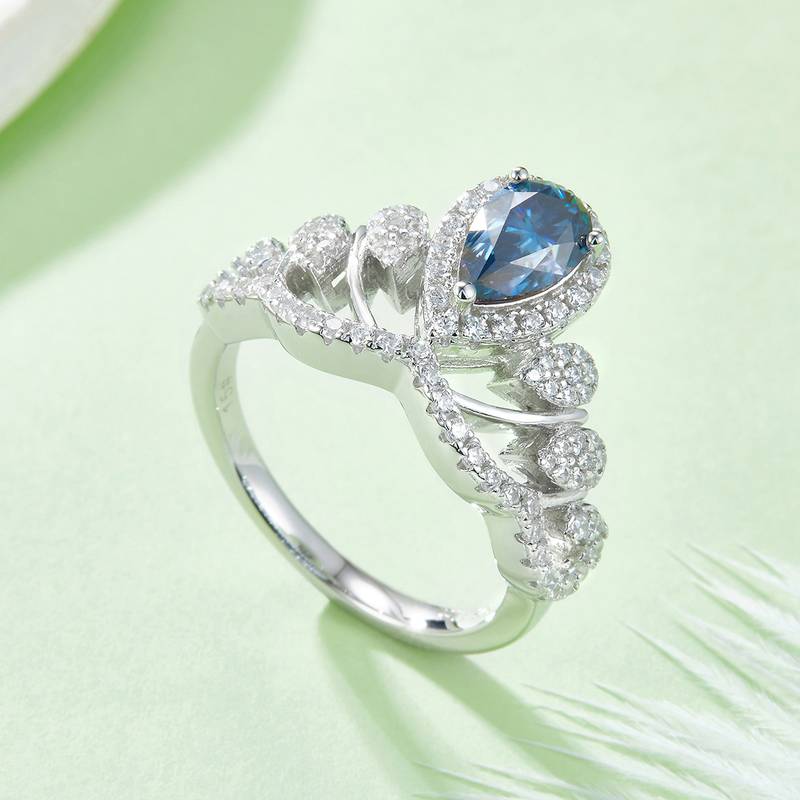 V字皇后水滴S925银镀白金彩色MoissaniteWomen's Ring1ctD级